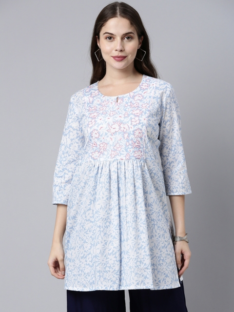 

ETIQUETTE Women Blue & White Floral Printed Thread Work Kurta