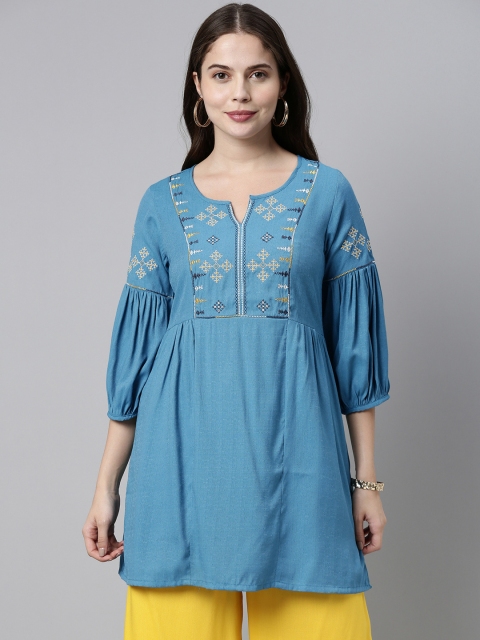 

ETIQUETTE Women Turquoise Blue Yoke Design Thread Work Kurta