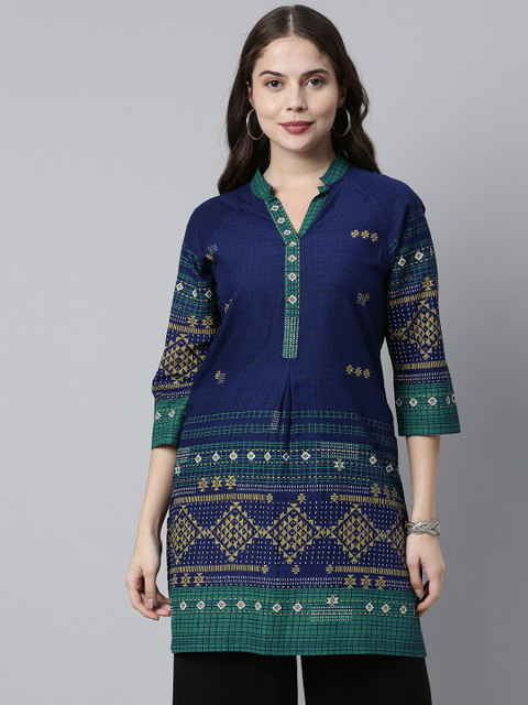

ETIQUETTE Women Navy Blue & Green Ethnic Motifs Printed Kurti
