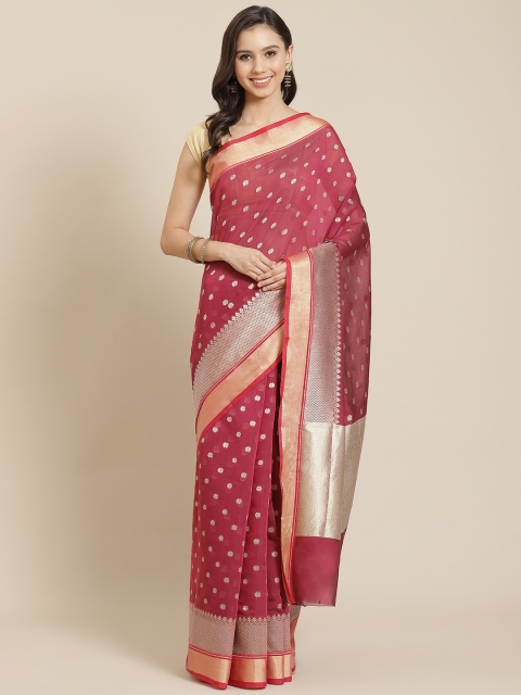 

Mitera Magenta & Golden Liva Ethnic Motifs Woven Design Banarasi Saree