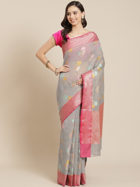 

Mitera Grey & Pink Liva Floral Woven Design Banarasi Saree