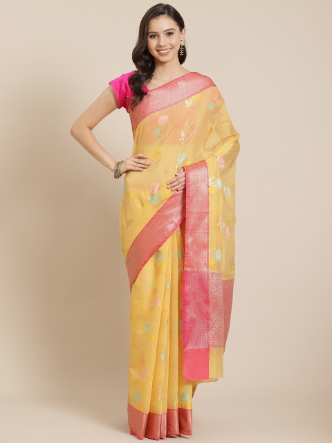 

Mitera Yellow Liva Floral Woven Design Banarasi Saree