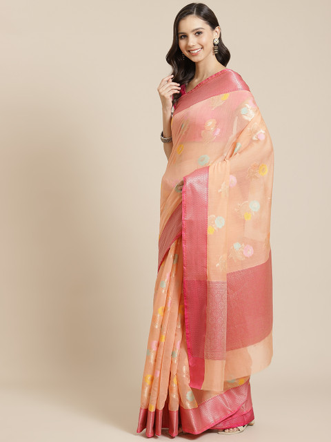 

Mitera Peach-Coloured & Yellow Liva Floral Woven Design Banarasi Saree