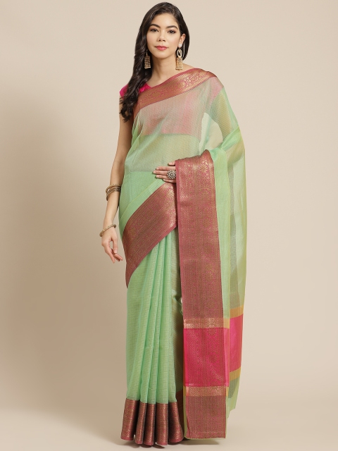 

Mitera Green & Pink Checked Banarasi Saree