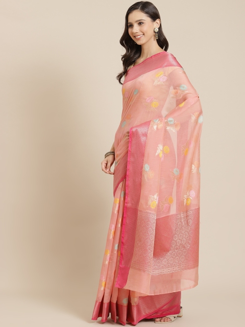 

Mitera Pink & Yellow Liva Floral Woven Design Banarasi Saree