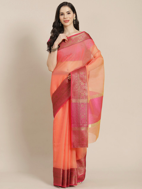 

Mitera Orange Self-Checked Banarasi Saree