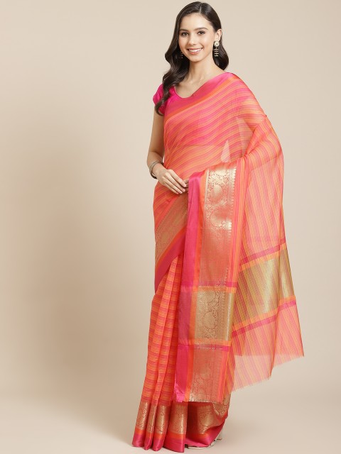 

Mitera Orange & Pink Striped Liva Banarasi Saree