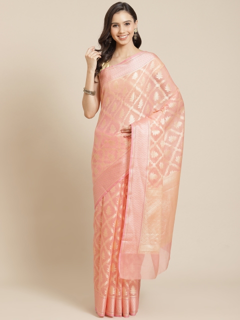 

Mitera Peach-Coloured & Golden Liva Ethnic Motifs Woven Design Banarasi Saree