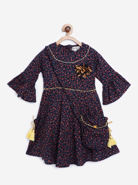 

Bella Moda Girls Navy Blue & Rust Red Floral Tie-Up Detail Fit & Flare Dress & Sling Bag