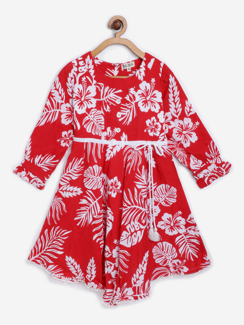 

Bella Moda Girls Red & White Floral Fit & Flare Dress with Tie-Ups