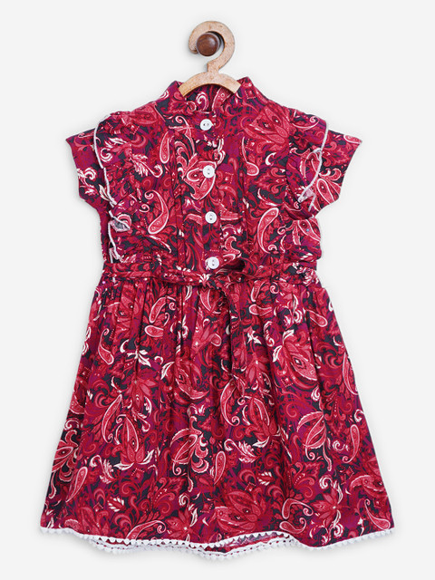 

Bella Moda Girls Red & White Ethnic Motifs Print Ruffled Fit & Flare Dress with Belt