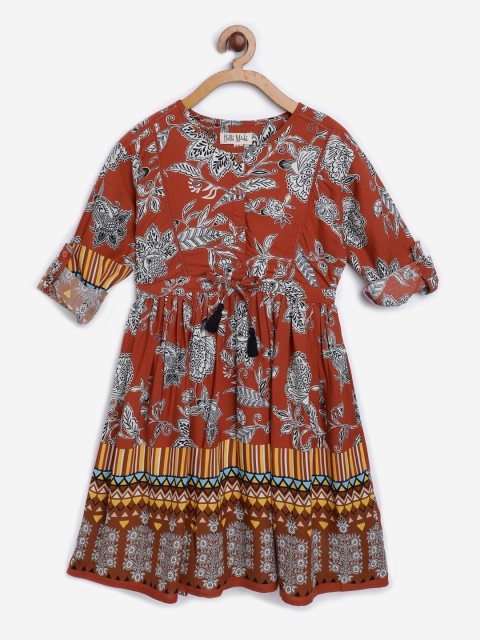 

Bella Moda Girls Rust Brown & White Floral & Ethnic Print Fit & Flare Dress with Tie-Ups