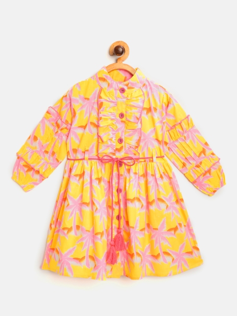 

Bella Moda Girls Yellow & Pink Tropical Print Fit & Flare Dress with Belt