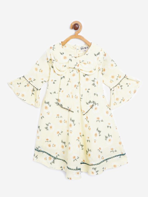 

Bella Moda Girls Yellow & Green Floral Bow & Tie-Up Detail Crinkled A-Line Dress