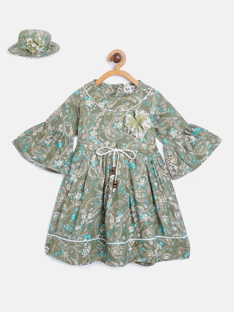 

Bella Moda Girls Olive Green & Beige Ethnic Print Tie-Up Fit & Flare Dress with Bucket Hat