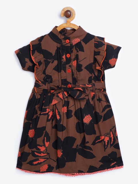 

Bella Moda Girls Brown & Black Floral Print & Ruffled Fit & Flare Dress with Belt