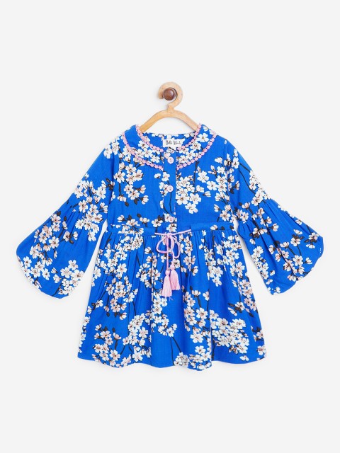 

Bella Moda Girls Blue & White Floral Print Fit & Flare Dress with Tie-Ups