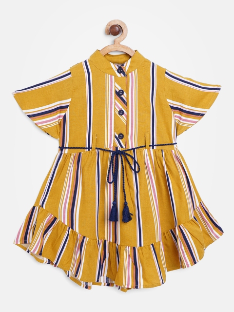 

Bella Moda Girls Mustard Yellow & Navy Blue Striped Fit & Flare Dress with Belt