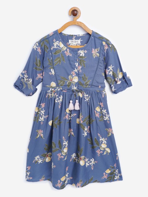 

Bella Moda Girls Blue & Green Floral Printed Fit & Flare Dress