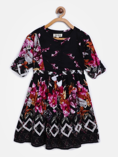 

Bella Moda Girls Black & Magenta Floral Printed Fit & Flare Dress