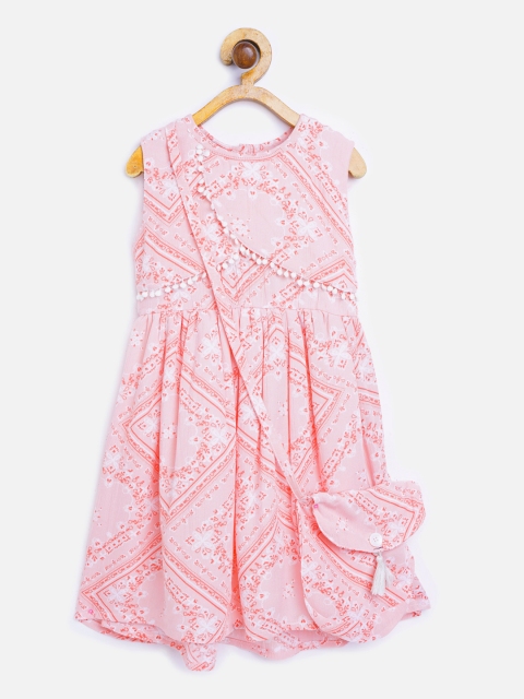 

Bella Moda Girls Pink & White Ethnic Motif Print Fit & Flare Dress with Sling Bag