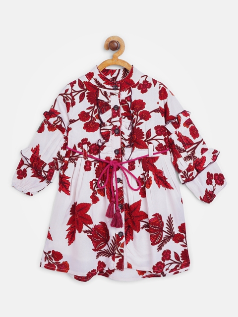 

Bella Moda Girls Off-White & Red Floral Print Fit & Flare Dress with Belt