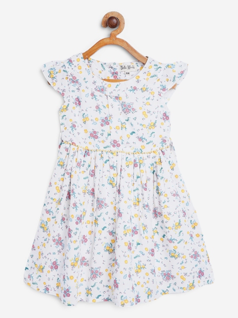 

Bella Moda Girls White & Pink Floral & Tie-Up Fit & Flare Dress with Briefs & Hairband