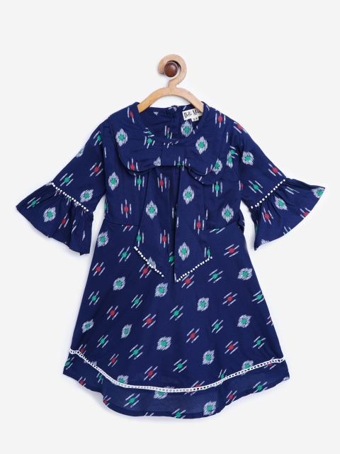 

Bella Moda Girls Navy Blue & White Geometric Print Bow & Tie-Up Detail A-Line Dress