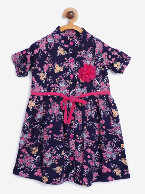 

Bella Moda Girls Navy Blue & Pink Floral Shirt Dress with Tie-Ups & Applique Detail