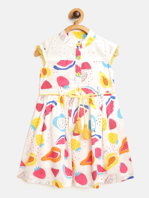 

Bella Moda Girls White & Pink Fruits Print Fit & Flare Dress with Belt