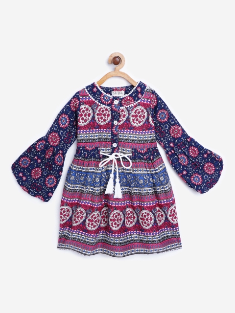 

Bella Moda Girls Blue & Pink Ethnic Print Fit & Flare Dress with Tie-Ups