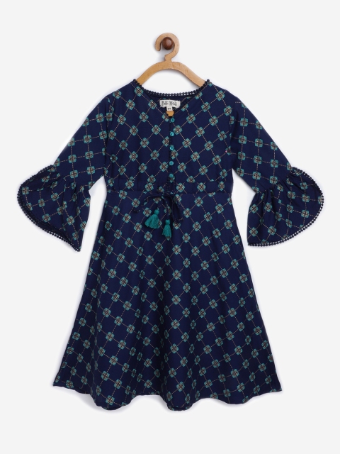 

Bella Moda Girls Navy Blue & Green Printed Fit & Flare Dress