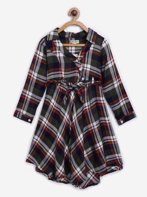 

Bella Moda Girls Olive Green & Navy Blue Checked Shirt Dress with Belt