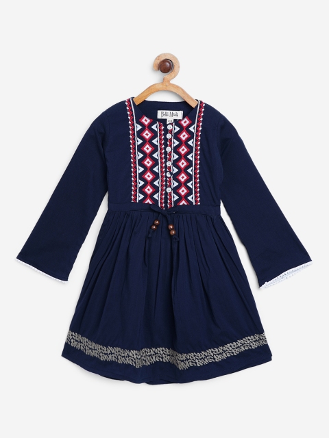 

Bella Moda Girls Navy Blue & Red Ethnic Embroidered Fit & Flare Dress with Tie-Ups