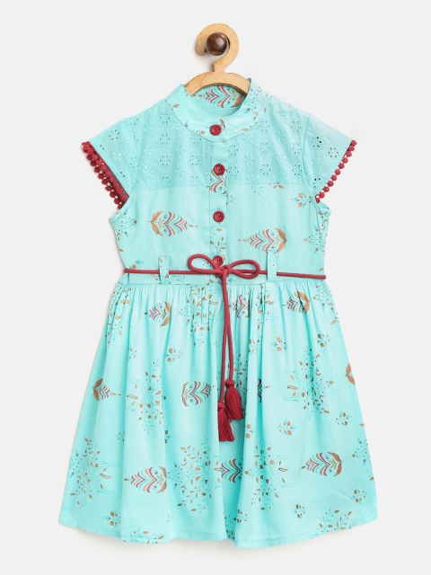 

Bella Moda Girls Blue & Pink Ethnic Motifs Print Fit & Flare Dress with Belt