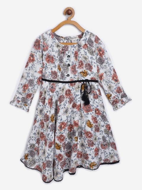 

Bella Moda Girls White & Brown Floral Printed Fit & Flare Dress
