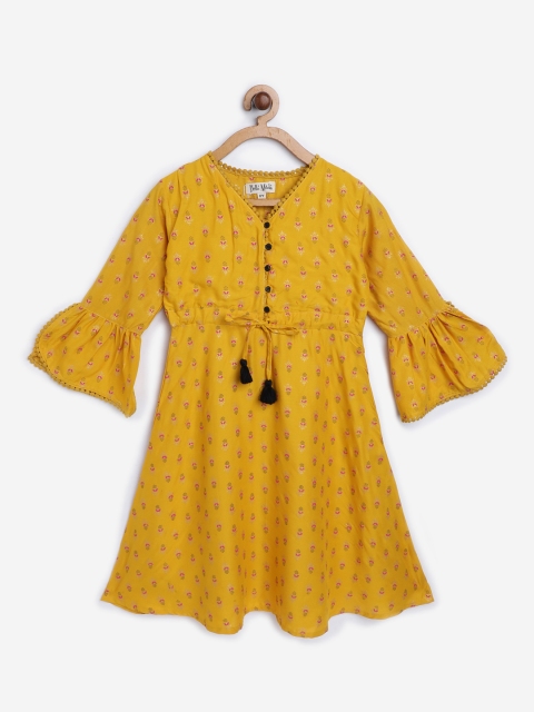 

Bella Moda Girls Mustard Yellow & Red Printed Fit & Flare Dress