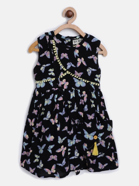 

Bella Moda Girls Black & Pink Butterfly Print Tie-Up Fit & Flare Dress with Sling Bag