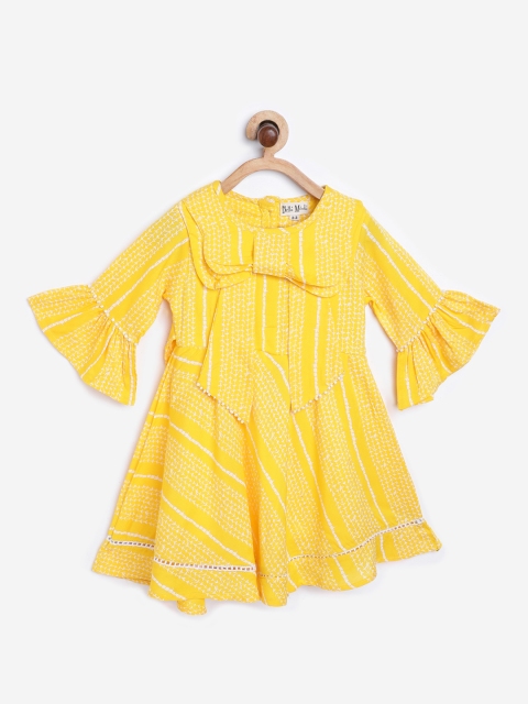 

Bella Moda Girls Yellow & White Geometric Print Bow & Tie-Up Detail A-Line Dress