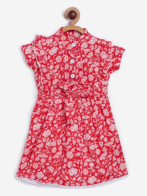 

Bella Moda Girls Red & White Floral Print & Ruffled Fit & Flare Dress with Belt