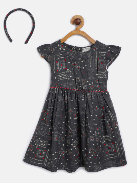 

Bella Moda Girls Charcoal Grey Geometric Print Flare & Fit Dress with Briefs & Hairband
