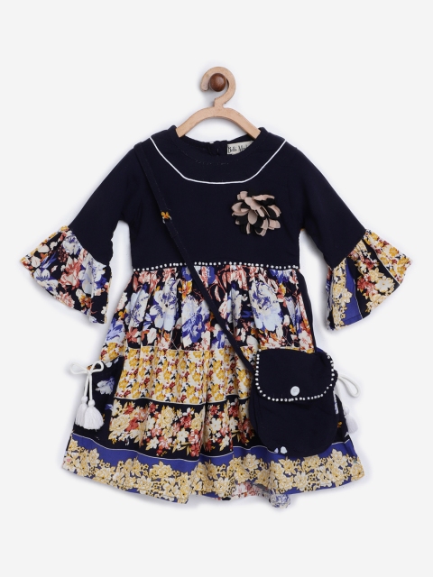 

Bella Moda Girls Navy Blue & Beige Floral Print Tie-Up Fit & Flare Dress with Sling Bag