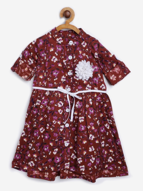 

Bella Moda Girls Coffee Brown & Purple Floral Print & Appliqued Shirt Dress with Tie-Ups