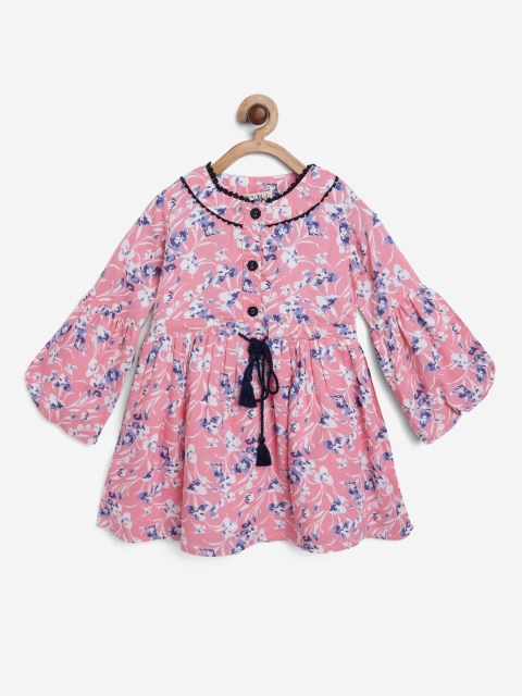

Bella Moda Girls Pink & White Floral Print Fit & Flare Dress with Tie-Ups