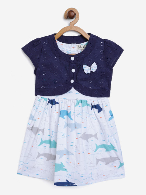 

Bella Moda Girls White & Blue Shark Print Layered Fit & Flare Dress with Schiffli Shrug
