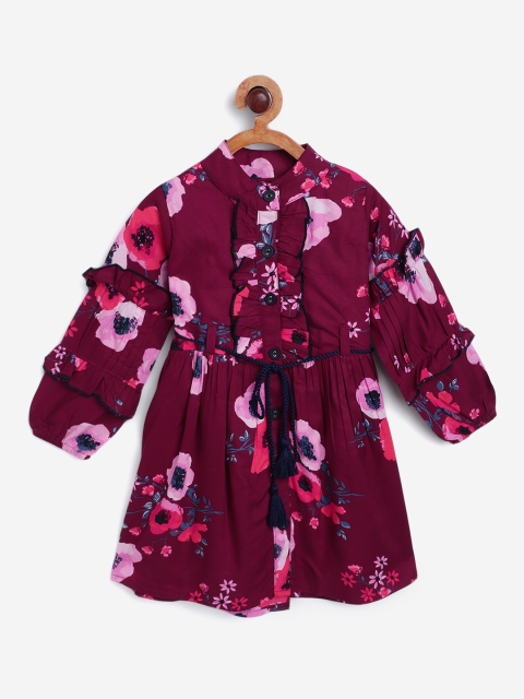 

Bella Moda Girls Maroon & Pink Floral Print Shirt Dress with Belt