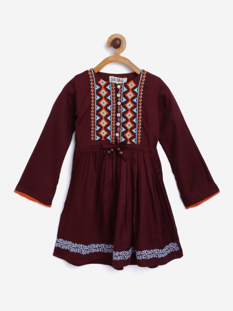 

Bella Moda Girls Burgundy & Blue Embroidered Fit & Flare Dress with Tie-Ups
