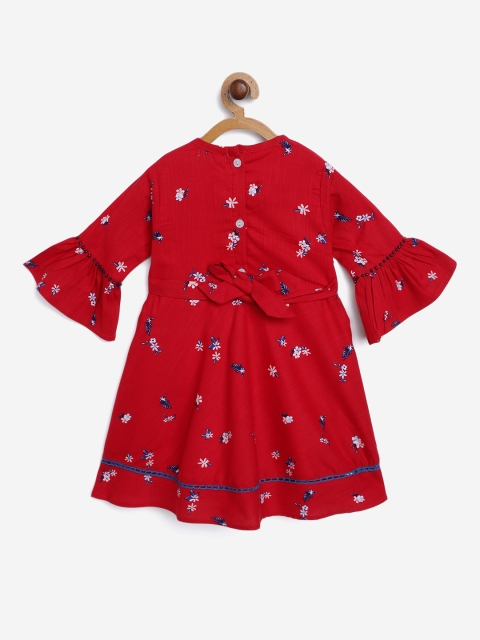 

Bella Girls Moda Red & Navy Blue Floral Print Bow & Tie-Up Detail A-Line Dress