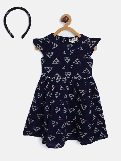 

Bella Moda Girls Navy Blue & White Geometric Print Fit & Flare Dress with Brief & Hairband