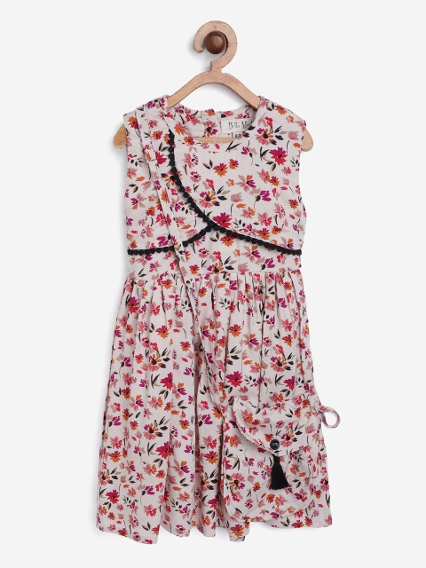 

Bella Moda Girls Beige & Orange Floral & Layered Tie-Up Fit & Flare Dress with Sling bag